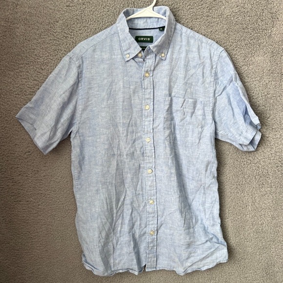 Orvis Shirt‎ Mens Medium Blue Linen Blend Classic Fit Long Sleeve Button Down - Picture 1 of 12